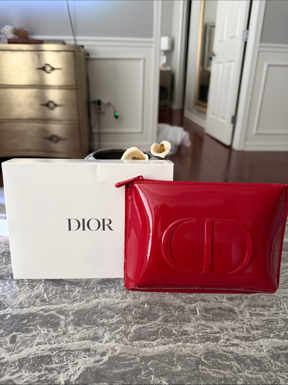 Dior Red Patent CD Pouch with mascara